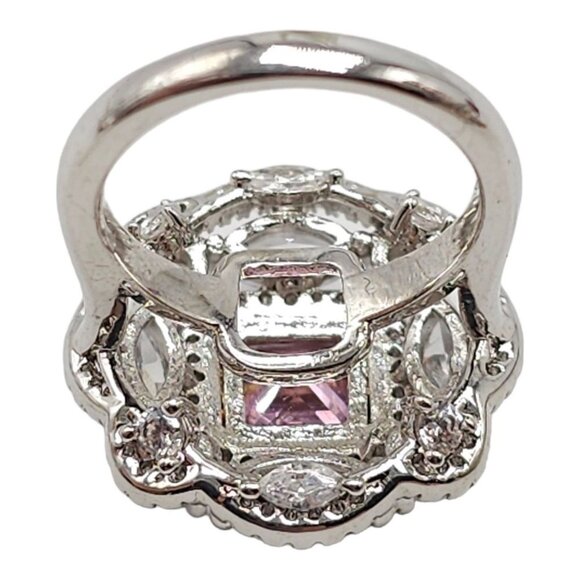 Pink Crystal Cushion Cut Pave Rhinestone Flower Cocktail Ring Silver Tone VTG 5 - Picture 2 of 6